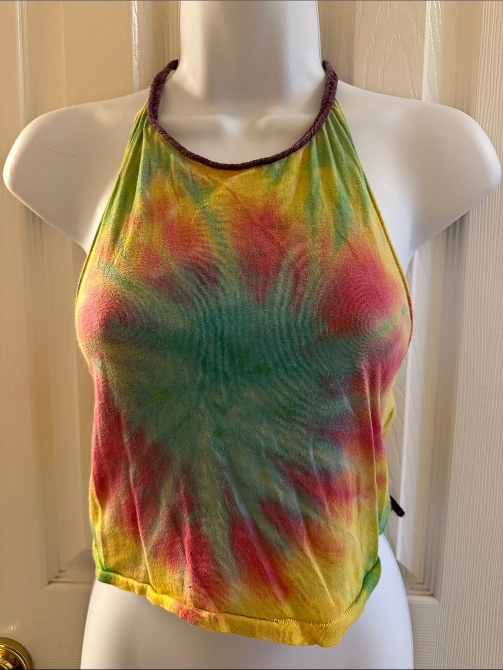 Ecote Multicolor Tie-Dye Halter Crop Top - Green, Yellow & Pink